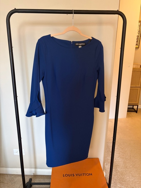 Karl Lagerfeld Dresses & Skirts - Karl Lagerfeld Navy Blue Long Sleeve Sheath Dress with Ruffle Cuffs